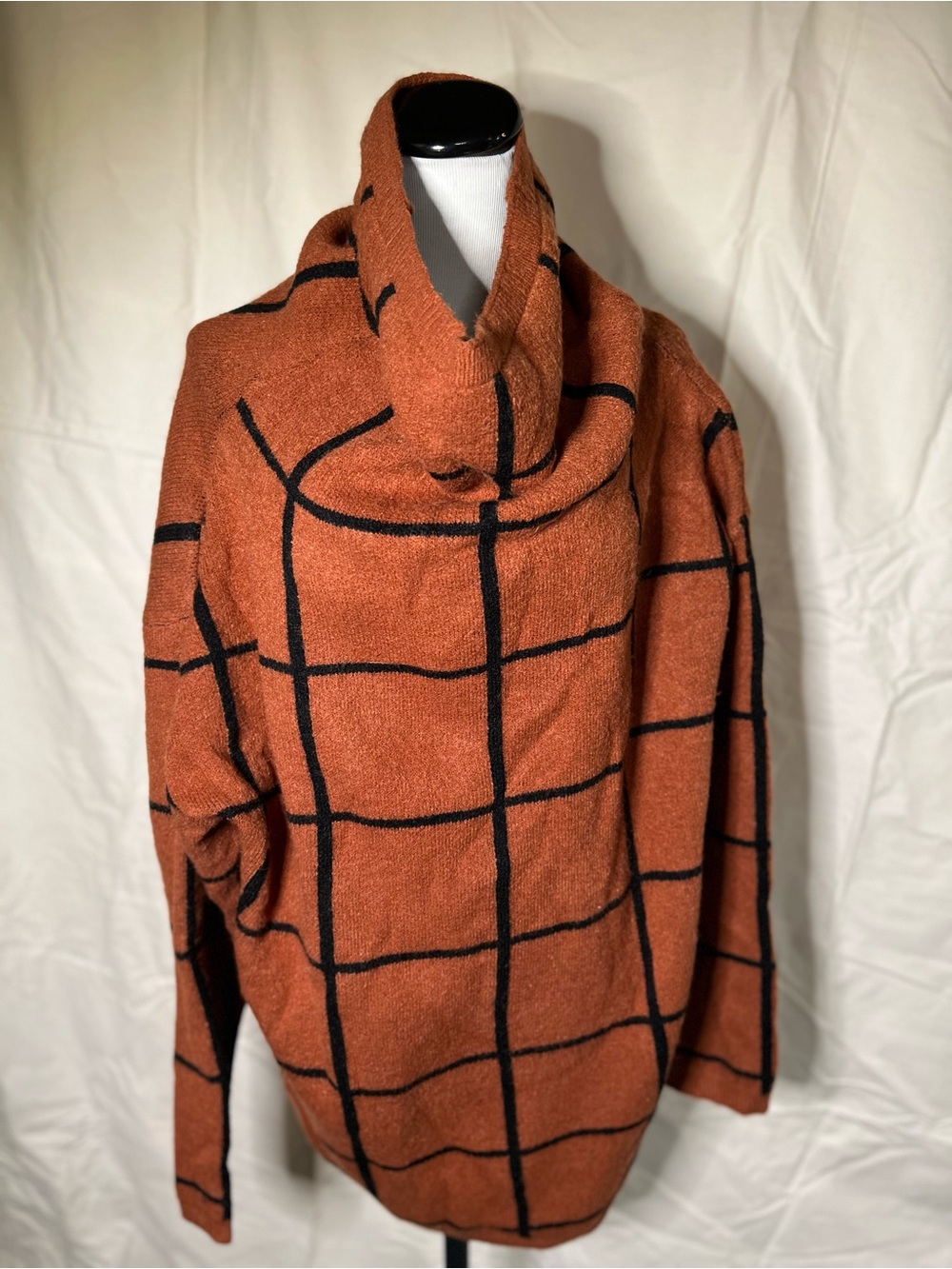 Rust Grid-Pattern Cowl Neck Sweater - mindy macs markit